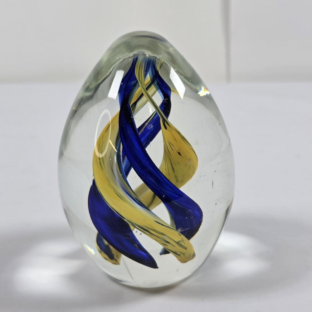 Art Glass Paperweight Swirl Blue Lime Green Yellow Spiral Design Egg Shape 4.5"H